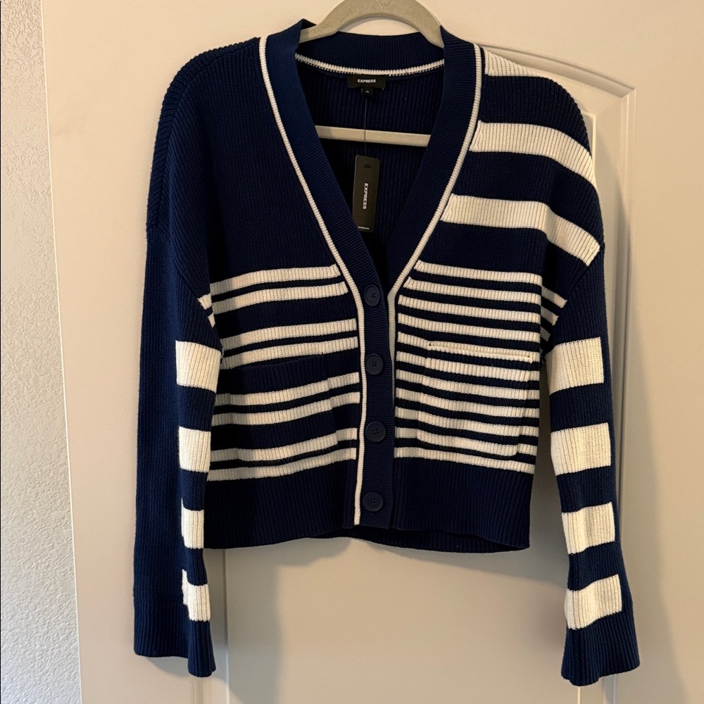 Express NWT Navy and White Striped V-Neck Cardigan